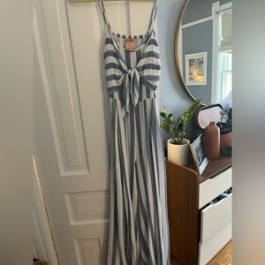 blue striped jumpsuit with cutout back